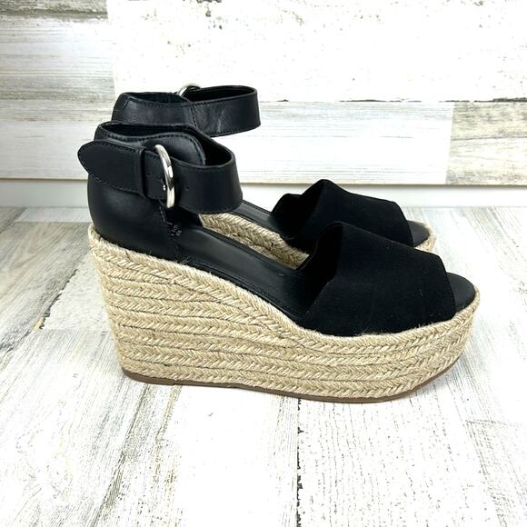 Marc Fisher Women’s 9 Black Leather Buckle Platform Espadrille Sandals NEW - Picture 4 of 10